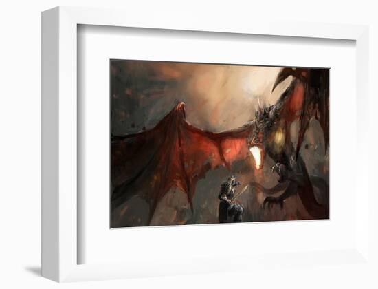 Knight Fighting Fire Dragon-null-Framed Art Print
