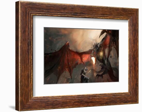 Knight Fighting Fire Dragon-null-Framed Premium Giclee Print