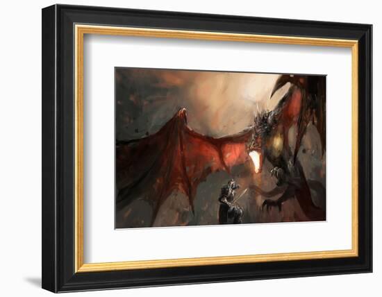 Knight Fighting Fire Dragon-null-Framed Premium Giclee Print