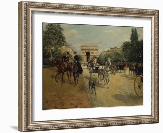 Knights and Carriages on Bois De Boulogne Avenue, with Arc De Triomphe in Background-Georges Stein-Framed Giclee Print
