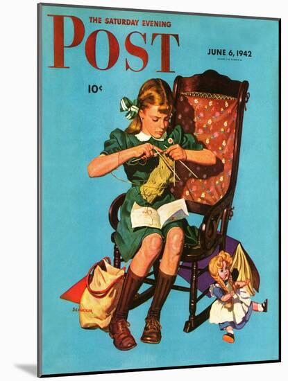 "Knitting for the War Effort," Saturday Evening Post Cover, June 6, 1942-James W. Schucker-Mounted Giclee Print