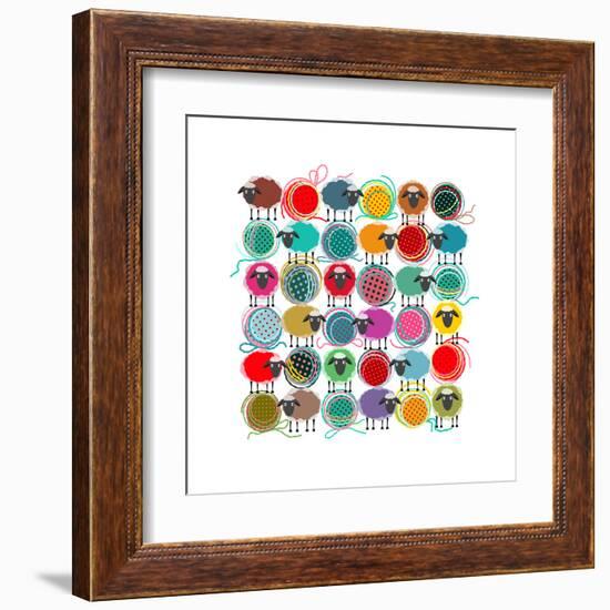 Knitting Yarn Balls and Sheep Abstract Square Composition. Vector EPS 8 Graphic Illustration of Bri-Popmarleo-Framed Art Print