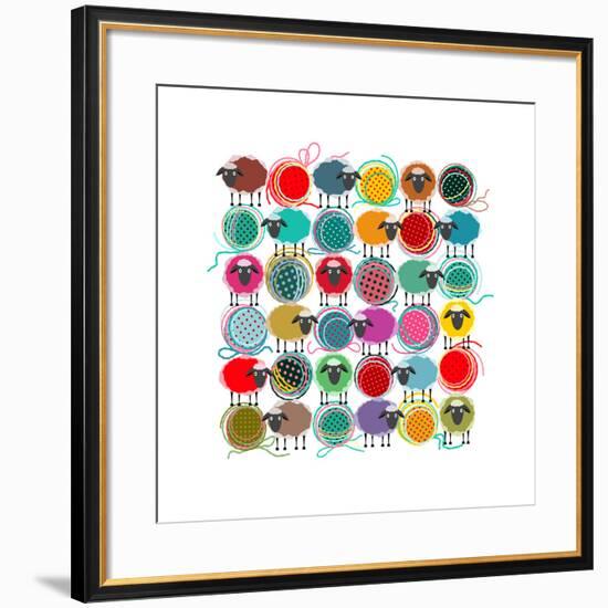 Knitting Yarn Balls and Sheep Abstract Square Composition. Vector EPS 8 Graphic Illustration of Bri-Popmarleo-Framed Art Print