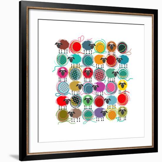 Knitting Yarn Balls and Sheep Abstract Square Composition. Vector EPS 8 Graphic Illustration of Bri-Popmarleo-Framed Art Print