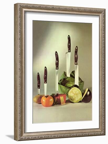 Knives Stuck in Vegetables, Retro-null-Framed Art Print