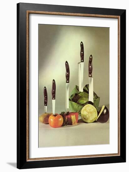 Knives Stuck in Vegetables, Retro-null-Framed Art Print