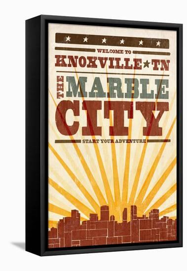 Knoxville, Tennessee - Skyline and Sunburst Screenprint Style-Lantern Press-Framed Stretched Canvas