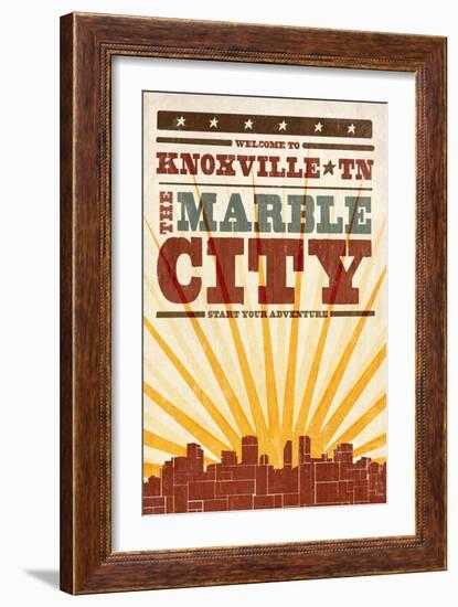 Knoxville, Tennessee - Skyline and Sunburst Screenprint Style-Lantern Press-Framed Art Print