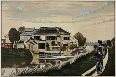 The Sunset at Yanagishima, a Restaurant on a River, a Woman with a Child on Her Back-Kobayashi Kiyochika-Giclee Print