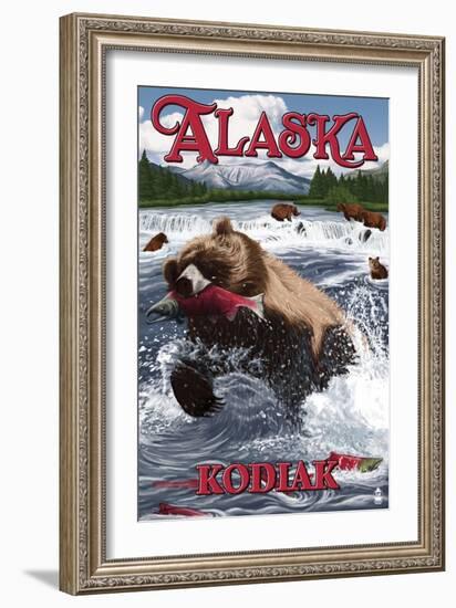 Kodiak, Alaska - Grizzly Bear Fishing-Lantern Press-Framed Art Print