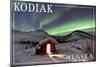 Kodiak, Alaska - Northern Lights and Cabin-Lantern Press-Mounted Art Print