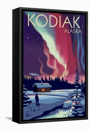 Kodiak, Alaska - Northern Lights and Cabin-Lantern Press-Framed Stretched Canvas