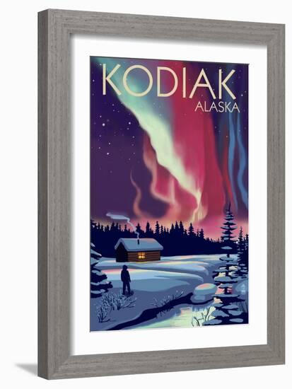 Kodiak, Alaska - Northern Lights and Cabin-Lantern Press-Framed Art Print