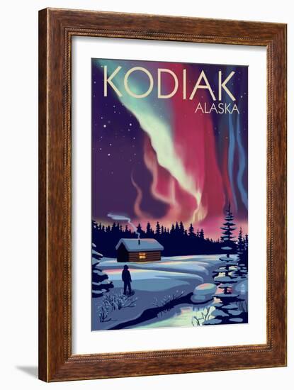 Kodiak, Alaska - Northern Lights and Cabin-Lantern Press-Framed Art Print