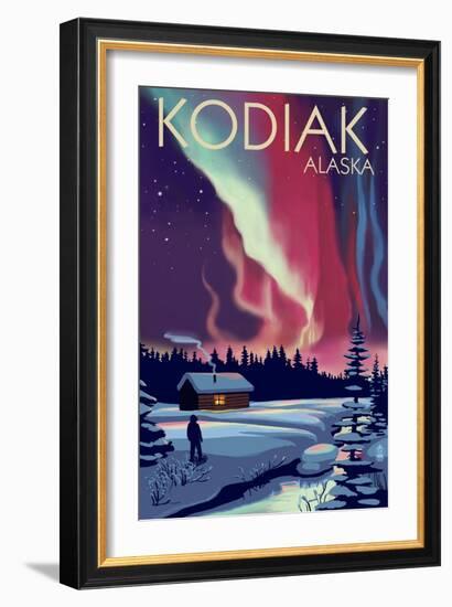 Kodiak, Alaska - Northern Lights and Cabin-Lantern Press-Framed Art Print