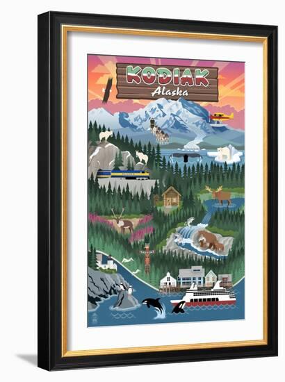 Kodiak, Alaska - Retro Scenes-Lantern Press-Framed Art Print