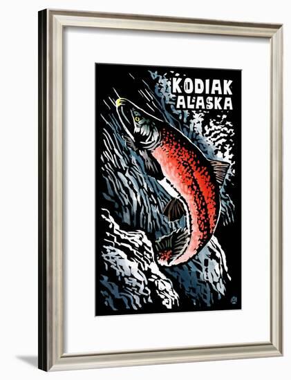 Kodiak, Alaska - Salmon Scratchboard-Lantern Press-Framed Art Print