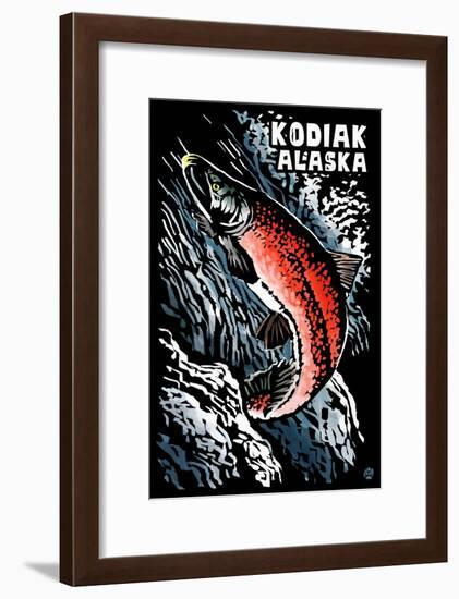 Kodiak, Alaska - Salmon Scratchboard-Lantern Press-Framed Art Print