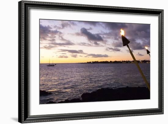 Kona, Hawaii, Big Island, Tiki Torch over Ocean at Kailua-Kona Beach-Bill Bachmann-Framed Photographic Print