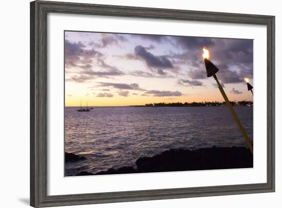 Kona, Hawaii, Big Island, Tiki Torch over Ocean at Kailua-Kona Beach-Bill Bachmann-Framed Photographic Print