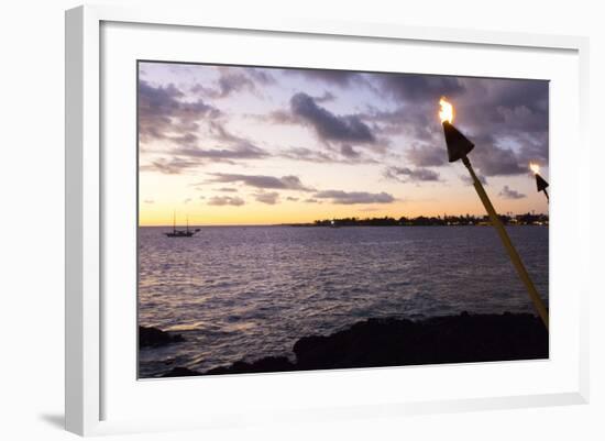 Kona, Hawaii, Big Island, Tiki Torch over Ocean at Kailua-Kona Beach-Bill Bachmann-Framed Photographic Print