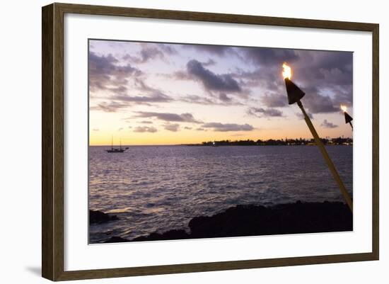 Kona, Hawaii, Big Island, Tiki Torch over Ocean at Kailua-Kona Beach-Bill Bachmann-Framed Photographic Print
