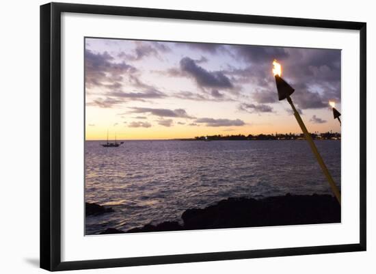 Kona, Hawaii, Big Island, Tiki Torch over Ocean at Kailua-Kona Beach-Bill Bachmann-Framed Photographic Print