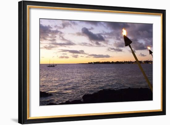 Kona, Hawaii, Big Island, Tiki Torch over Ocean at Kailua-Kona Beach-Bill Bachmann-Framed Photographic Print