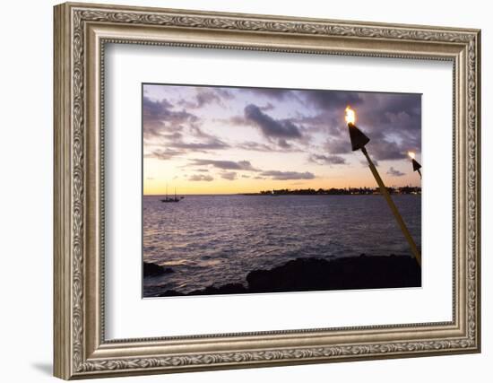 Kona, Hawaii, Big Island, Tiki Torch over Ocean at Kailua-Kona Beach-Bill Bachmann-Framed Photographic Print