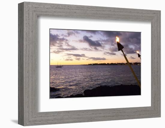 Kona, Hawaii, Big Island, Tiki Torch over Ocean at Kailua-Kona Beach-Bill Bachmann-Framed Photographic Print