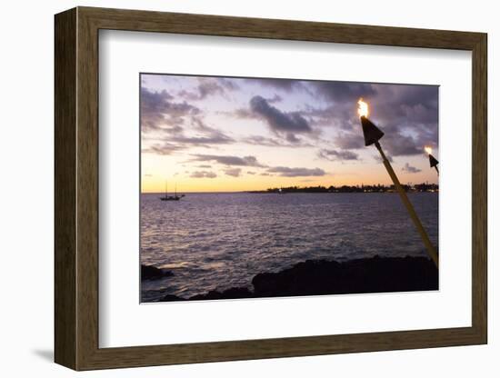 Kona, Hawaii, Big Island, Tiki Torch over Ocean at Kailua-Kona Beach-Bill Bachmann-Framed Photographic Print