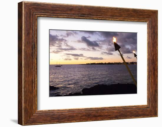 Kona, Hawaii, Big Island, Tiki Torch over Ocean at Kailua-Kona Beach-Bill Bachmann-Framed Photographic Print