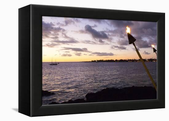 Kona, Hawaii, Big Island, Tiki Torch over Ocean at Kailua-Kona Beach-Bill Bachmann-Framed Premier Image Canvas