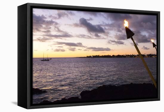Kona, Hawaii, Big Island, Tiki Torch over Ocean at Kailua-Kona Beach-Bill Bachmann-Framed Premier Image Canvas