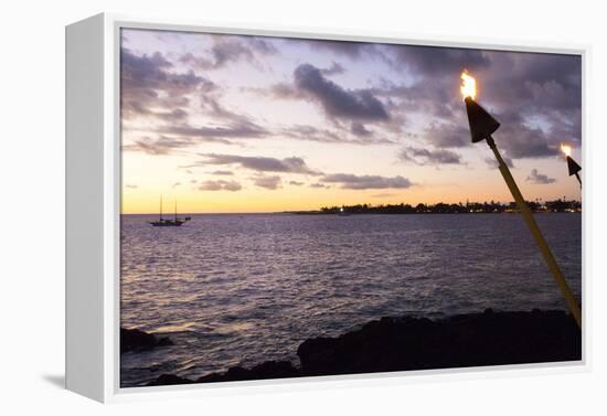 Kona, Hawaii, Big Island, Tiki Torch over Ocean at Kailua-Kona Beach-Bill Bachmann-Framed Premier Image Canvas