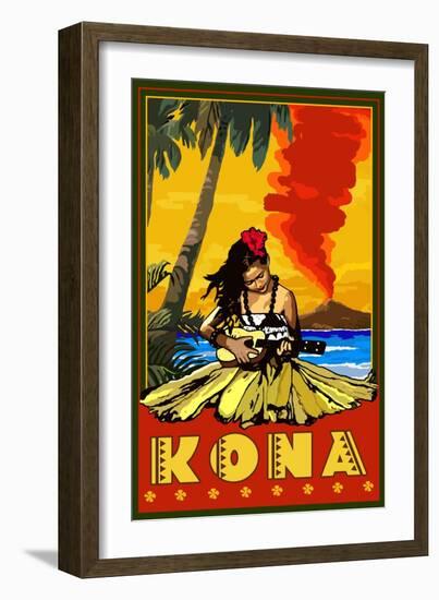 Kona, Hawaii - Hula Girl and Ukulele-Lantern Press-Framed Art Print