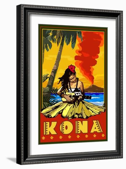 Kona, Hawaii - Hula Girl and Ukulele-Lantern Press-Framed Art Print