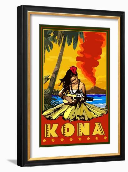 Kona, Hawaii - Hula Girl and Ukulele-Lantern Press-Framed Art Print