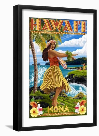 Kona, Hawaii - Hula Girl on Coast-Lantern Press-Framed Art Print