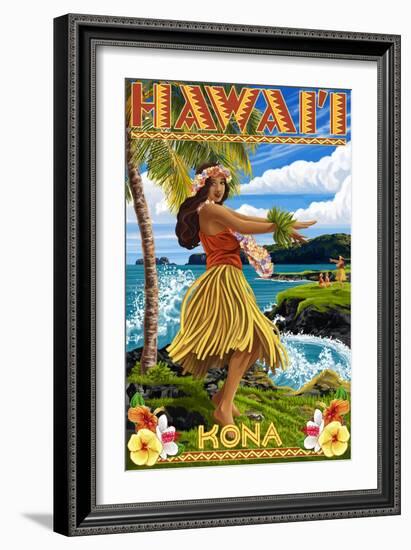 Kona, Hawaii - Hula Girl on Coast-Lantern Press-Framed Art Print