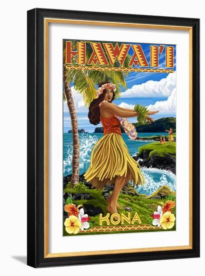 Kona, Hawaii - Hula Girl on Coast-Lantern Press-Framed Art Print