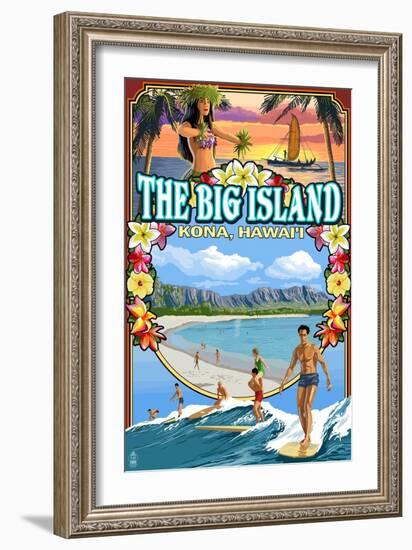 Kona, Hawaii - Montage Scene-Lantern Press-Framed Art Print