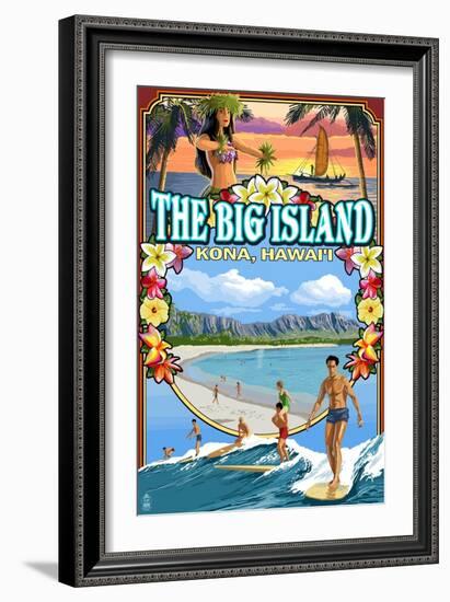 Kona, Hawaii - Montage Scene-Lantern Press-Framed Art Print