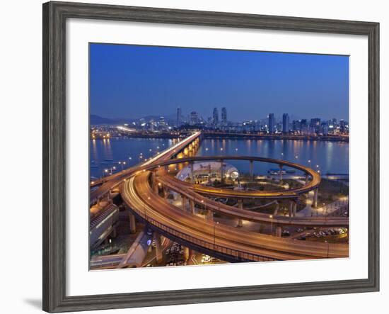 Korea, Seoul, Tukseom, Traffic on Cheongdam On-Ramp and Cheongdam Bridge, over Hangang Rvier-Jane Sweeney-Framed Photographic Print