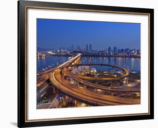 Korea, Seoul, Tukseom, Traffic on Cheongdam On-Ramp and Cheongdam Bridge, over Hangang Rvier-Jane Sweeney-Framed Photographic Print