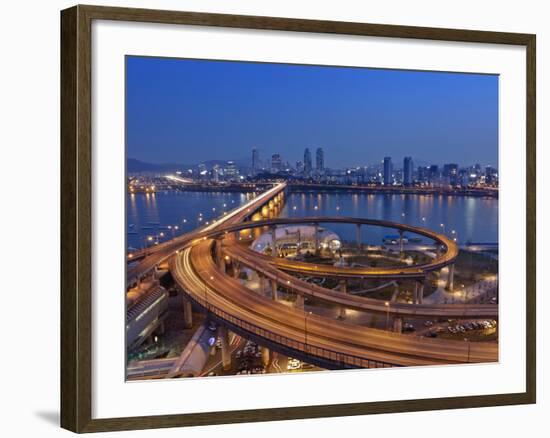 Korea, Seoul, Tukseom, Traffic on Cheongdam On-Ramp and Cheongdam Bridge, over Hangang Rvier-Jane Sweeney-Framed Photographic Print