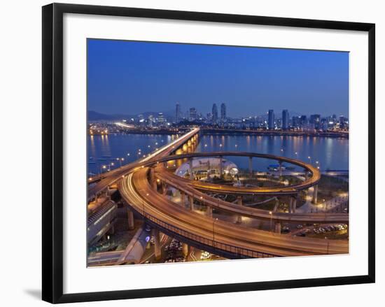 Korea, Seoul, Tukseom, Traffic on Cheongdam On-Ramp and Cheongdam Bridge, over Hangang Rvier-Jane Sweeney-Framed Photographic Print