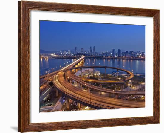 Korea, Seoul, Tukseom, Traffic on Cheongdam On-Ramp and Cheongdam Bridge, over Hangang Rvier-Jane Sweeney-Framed Photographic Print