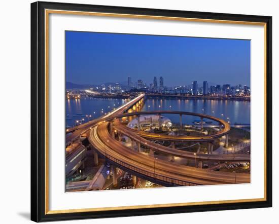 Korea, Seoul, Tukseom, Traffic on Cheongdam On-Ramp and Cheongdam Bridge, over Hangang Rvier-Jane Sweeney-Framed Photographic Print