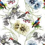 Watercolor Hand Drawn Seamless Pattern with Tropical Summer Flowers and Exotic Birds on White Backg-KostanPROFF-Framed Art Print